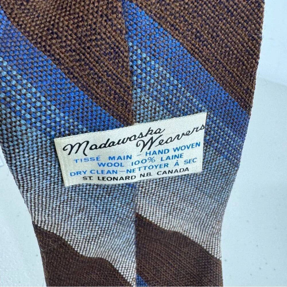 Madawaska Weavers Wool Striped Brown and Blue Men's Tie Vintage Handmade Canada